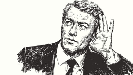 Close-Up of Businessman Listening Carefully with Hand on Ear Vector Illustration