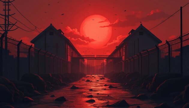 Gloomy prison yard with tall fences under a blood red moon. Stark barracks flank a barred gate. Grim atmosphere, shadowy rocks line a stream. Birds fly over desolate landscape.