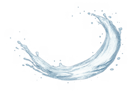 Water splash arc with droplets flying, expressing motion and freshness on transparent background - Powered by Adobe