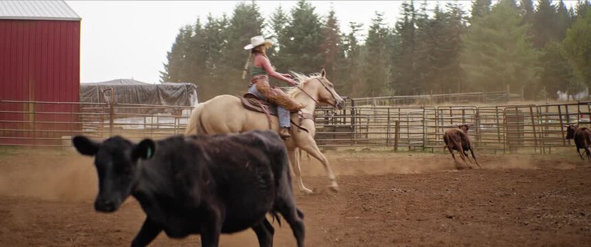 Cowgirl on horseback working cattle in dusty arena at sunset, slow motion
