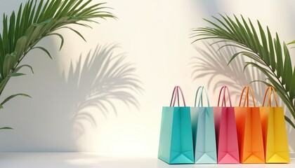 Row of colorful paper shopping bags stands against pale wall with green palm leaves casting shadows. Bags in turquoise, blue, pink, orange, yellow suggest summer retail fun. Use for fashion eco