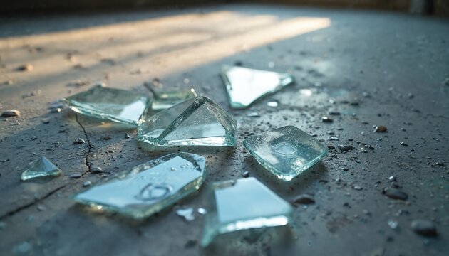 Sharp glass fragments lie scattered on cracked cement floor. Sunlight streaks across rough textured surface. Small debris mixes with broken pieces on ground. Dilapidated urban setting.