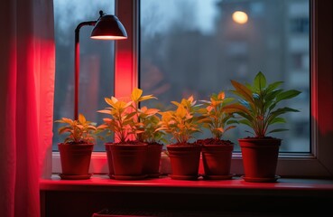 Several potted plants grow indoors on windowsill under red artificial light lamp. Artificial light helps seedlings sprout in home environment. Young plants receive extra light from grow lamp.