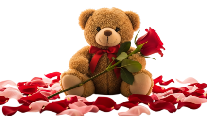 Teddy bear holding red rose surrounded by rose petals