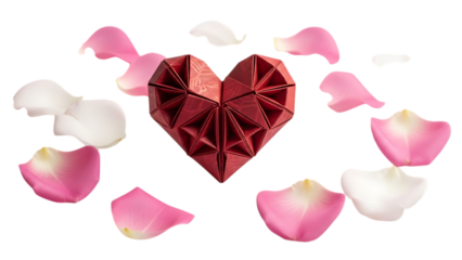 Red heart shaped gift box surrounded by rose petals