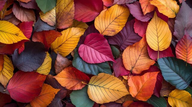 Colorful beautiful autumn leaves forming a natural pattern in glowing sunlight, representing seasonal transition, nostalgia, harmony, and the timeless beauty of nature transformation during fall.