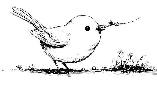Adorable Bird Feeding Behavior Pulling Worm from Ground Vector Illustration
