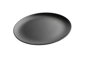 Pristine empty round matte black ceramic dinner plate, subtle rim, angled on transparent background, soft studio lighting, subtle shadow, copy space, minimalist high-end concept