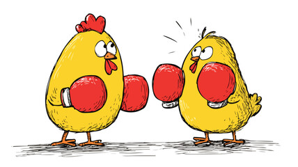 Adorable Chicken Boxing Cartoon with Outline, Isolated on White Background