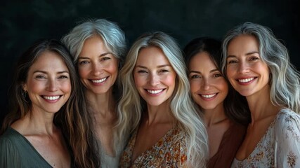 Group of beautiful mature women smiling together in natural light, symbolizing friendship, confidence, happiness, and diversity, celebrating positive aging, wellness, and authentic female beauty.