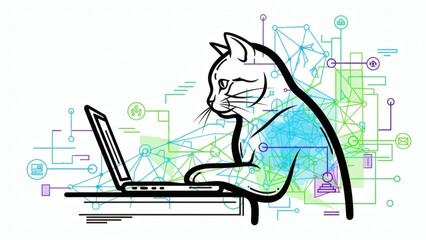 Cat using laptop in a tech background