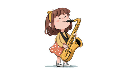 Professional Cute Girl Playing Saxophone Cartoon Vector with Outline Isolated
