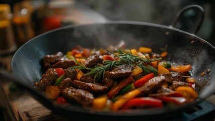 Meat with fresh vegetables cooking in asian wok pan. Asian healthy and delicious fast street food at home 