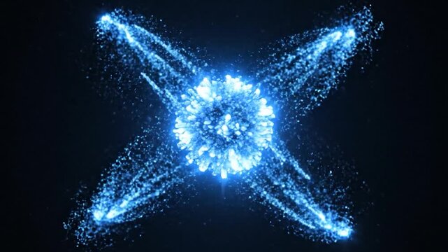 Blue luminous particles converging and diverging on a black background. Abstract animation of a pulsating energy core emitting light trails