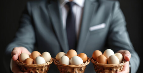 Man in suit holds three woven baskets filled with diverse eggs. Careful strategy for spreading assets across varied investments. Shows risk management and financial planning concepts.