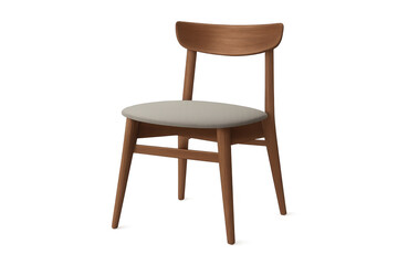 Wooden mid-century modern dining chair with upholstered seat in minimalist style, transparent background