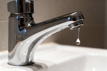 Modern chrome faucet with a single water droplet hanging from the spout, showcasing sleek design and functionality in a contemporary bathroom setting
