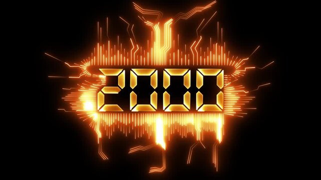 animated happy new year 2000 greeting with futuristic neon style fireworks and black background.