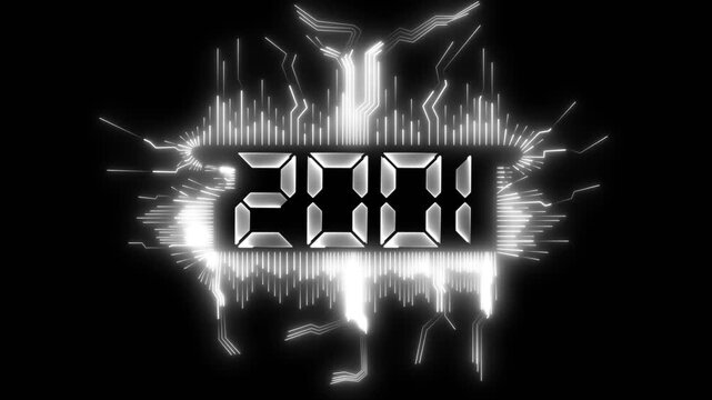 animated happy new year 2001 greeting with futuristic neon style fireworks and black background.