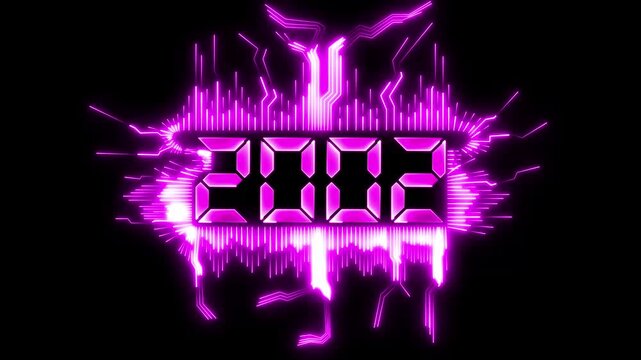 animated happy new year 2002 greeting with futuristic neon style fireworks and black background.