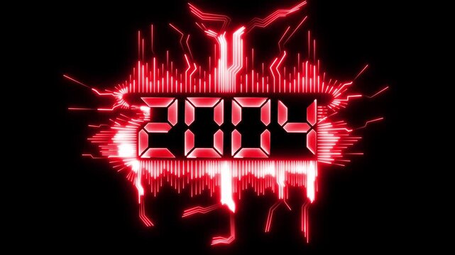 animated happy new year 2004 greeting with futuristic neon style fireworks and black background.