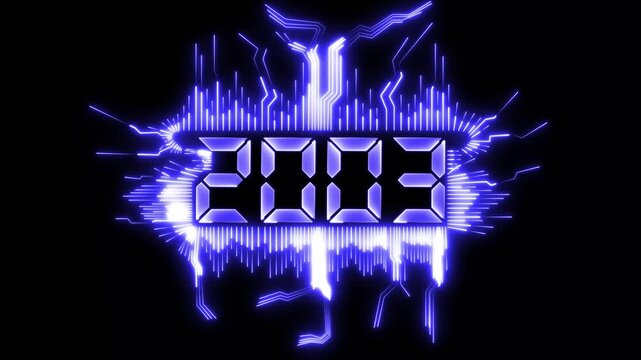 animated happy new year 2003 greeting with futuristic neon style fireworks and black background.