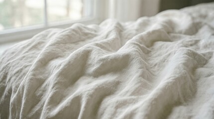 Obraz premium Close up of soft washed white linen fabric texture with gentle folds and wrinkles close up.