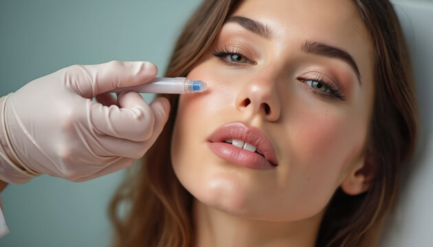 Gloved hand uses dermapen device for microneedling face treatment. Woman gets skin rejuvenation therapy for beauty. Needle roller improves collagen for youthful look.