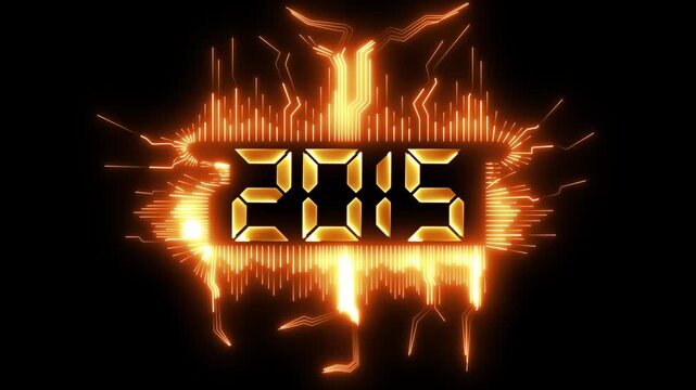 animated happy new year 2015 greeting with futuristic neon style fireworks and black background.
