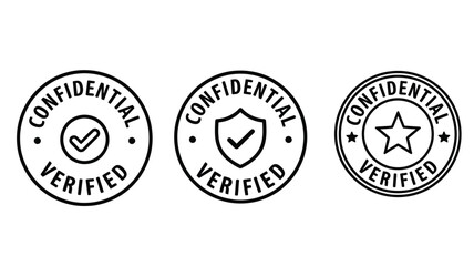 Three circular confidential and verified badges in a black and white silhouette
