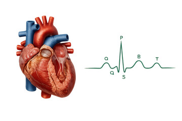 Human heart anatomy showing circulation and tracing an electrocardiogram (ecg) heartbeat rhythm with pqrst waves