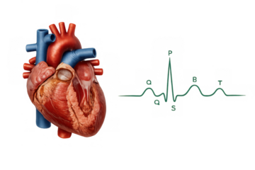 Human heart anatomy showing circulation and tracing an electrocardiogram (ecg) heartbeat rhythm with pqrst waves