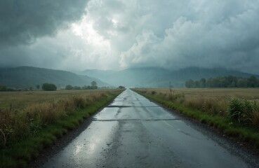 Empty wet asphalt road leading through grassy fields towards misty mountains under a cloudy, rainy sky. Rural landscape with overcast weather and light drizzle.