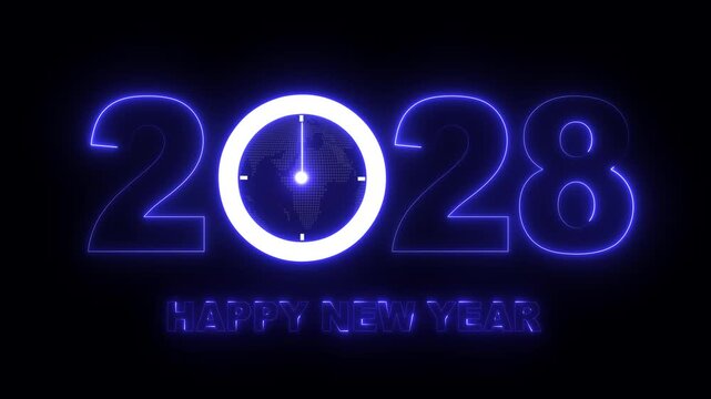 Glowing neon new year 2028 celebration with clock animation. Happy New Year 2028 celebration with blue light abstract clock on futuristic technology background, Motion graphics of 2028 year text. 4k