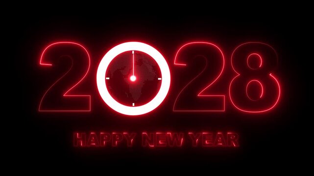 Glowing neon new year 2028 celebration with clock animation. Happy New Year 2028 celebration with blue light abstract clock on futuristic technology background, Motion graphics of 2028 year text. 4k