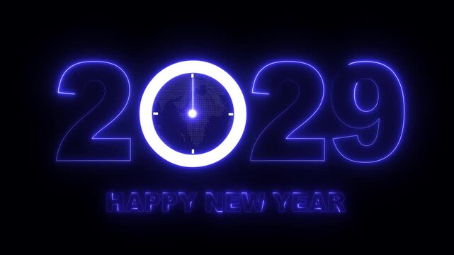 Glowing neon new year 2029 celebration with clock animation. Happy New Year 2029 celebration with blue light abstract clock on futuristic technology background, Motion graphics of 2029 year text. 4k