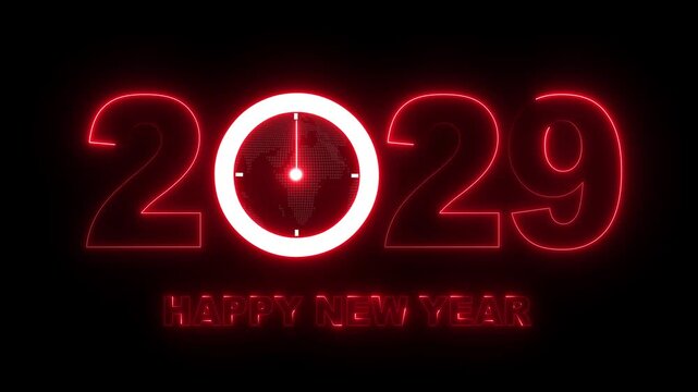Glowing neon new year 2029 celebration with clock animation. Happy New Year 2029 celebration with blue light abstract clock on futuristic technology background, Motion graphics of 2029 year text. 4k