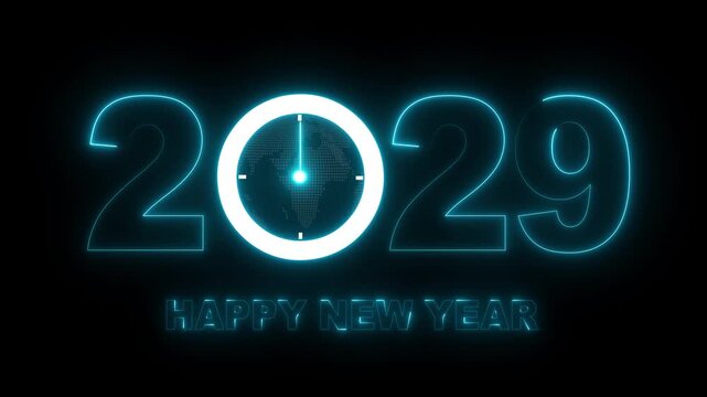Glowing neon new year 2029 celebration with clock animation. Happy New Year 2029 celebration with blue light abstract clock on futuristic technology background, Motion graphics of 2029 year text. 4k