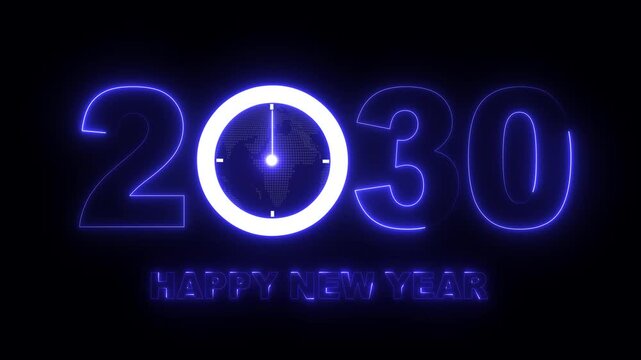 Glowing neon new year 2030 celebration with clock animation. Happy New Year 2030 celebration with blue light abstract clock on futuristic technology background, Motion graphics of 2030 year text. 4k