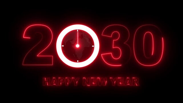 Glowing neon new year 2030 celebration with clock animation. Happy New Year 2030 celebration with blue light abstract clock on futuristic technology background, Motion graphics of 2030 year text. 4k