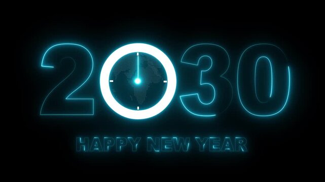 Glowing neon new year 2030 celebration with clock animation. Happy New Year 2030 celebration with blue light abstract clock on futuristic technology background, Motion graphics of 2030 year text. 4k