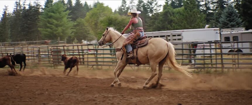 Cowgirl on horseback working cattle in dusty arena at sunset, slow motion