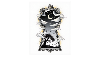 Mystical key unlocking night sky and tree landscape