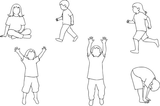 CAD Drawings. Set kids outlines isolated on white background. Sitting, walking, etc. Vector illustration.
