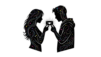 Couple exchanging gift with starry night sky silhouette