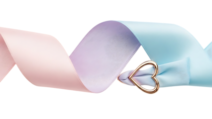 Pastel ribbon with heart shaped ring on white background
