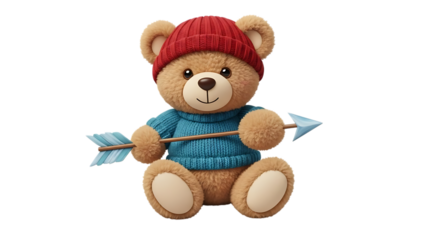 Cute teddy bear holding an arrow and wearing red hat and blue sweater