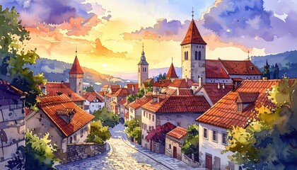 Charming european village street at sunset with red rooftops, medieval towers and calm pastel sky evoking travel nostalgia and peaceful countryside life