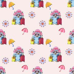 Pattern con graziosi castori con valigie e ombrellini su sfondo rosa