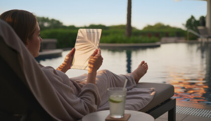 Woman relaxing by pool with tablet at sunset, illustrating remote work, digital nomad life and flexible wellness travel at resorts